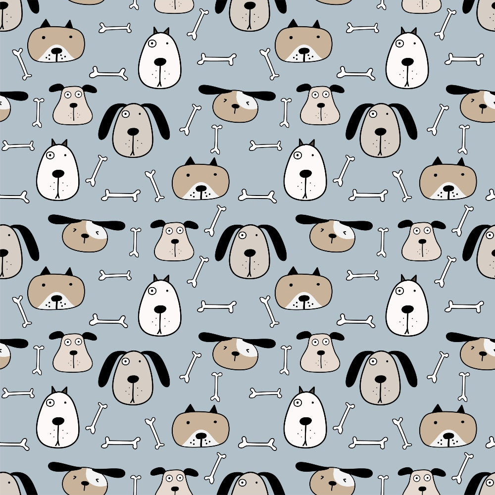 Pattern featuring cartoon dog faces and bones on a light blue background.