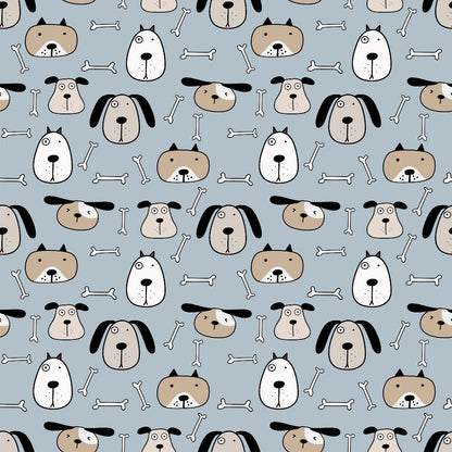 Pattern featuring cartoon dog faces and bones on a light blue background.