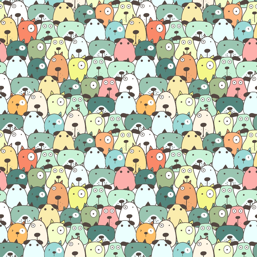 A colorful pattern featuring cartoon bears in various shades of green, pink, blue, and yellow, with each bear displaying a simple, expressive face.