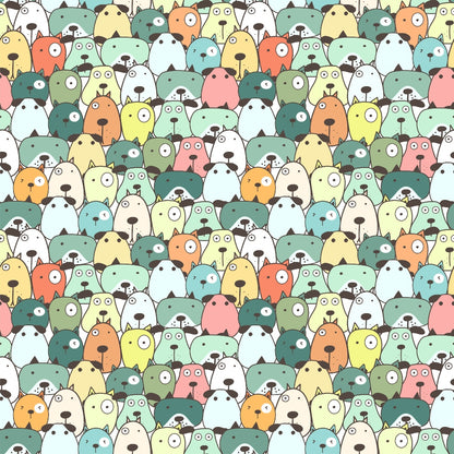 A colorful pattern featuring cartoon bears in various shades of green, pink, blue, and yellow, with each bear displaying a simple, expressive face.