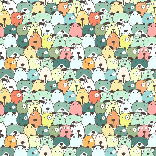 A colorful pattern featuring cartoon bears in various shades of green, pink, blue, and yellow, with each bear displaying a simple, expressive face.