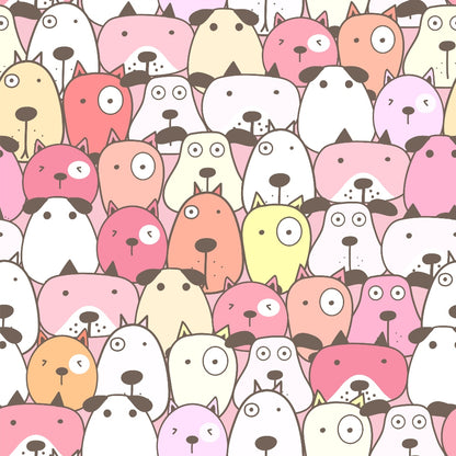 Illustration of a densely packed crowd of cartoon animals, including dogs and cats, in various pastel colors with playful expressions.