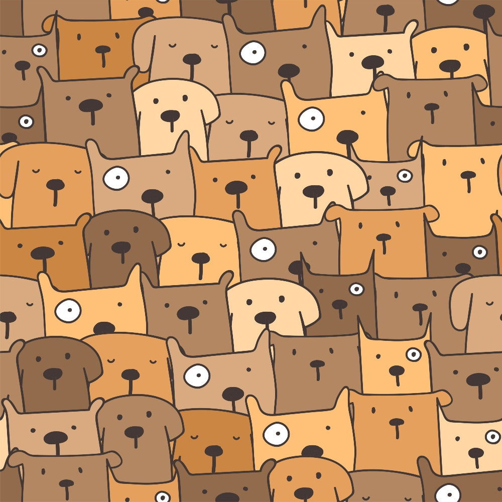 A pattern of cartoon dog faces in various shades of brown, tan, and beige, with different expressions and round or pointed ears filling the entire image.