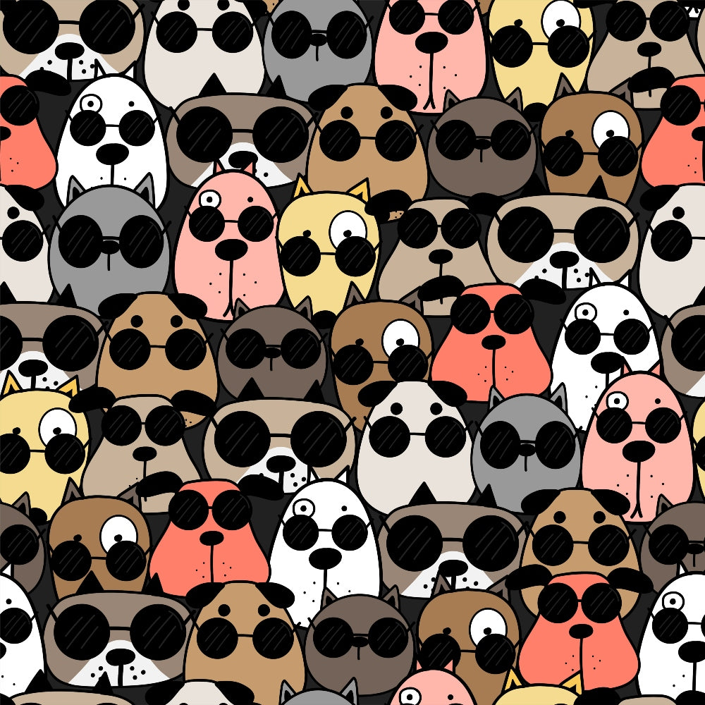 Illustrated pattern of various cartoon dogs wearing black sunglasses, each in different colors and breeds, filling the image entirely.