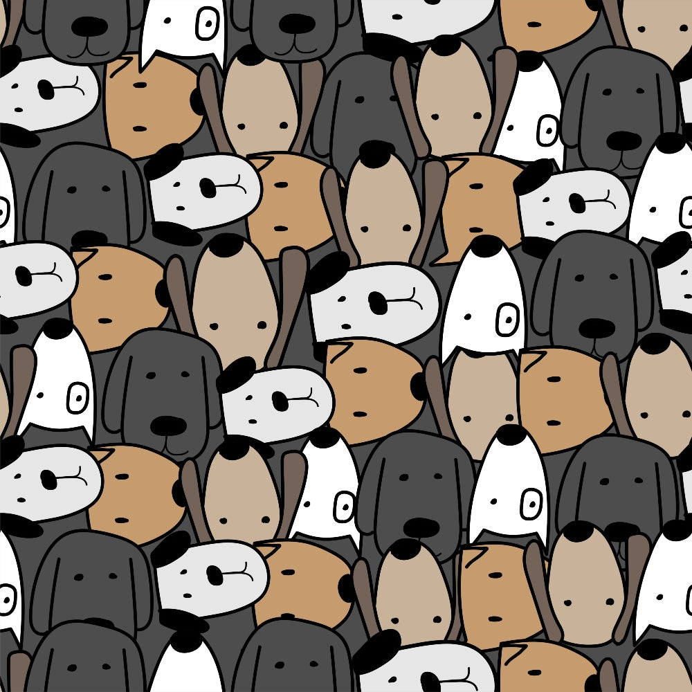 Illustration of a seamless pattern featuring various cartoon dogs in shades of brown, gray, and white, all with simple, minimalistic features.