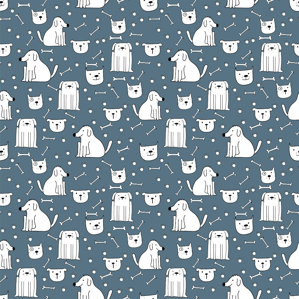 Pattern of white cartoon dogs and cats on a blue background, featuring polka dots and bones.