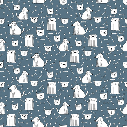 Pattern of white cartoon dogs and cats on a blue background, featuring polka dots and bones.