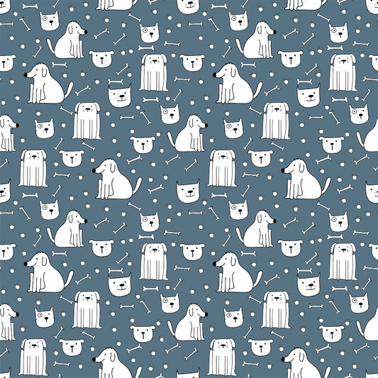 Pattern of white cartoon dogs and cats on a blue background, featuring polka dots and bones.