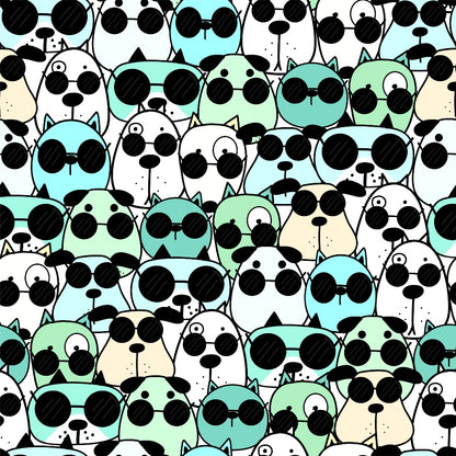 Illustration of various cartoon dogs wearing sunglasses, arranged closely together in a patterned design.