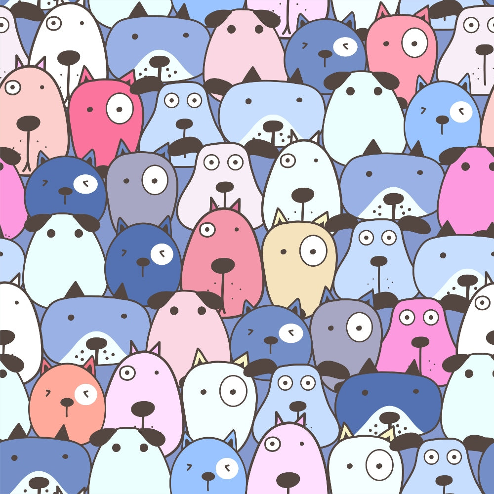 Colorful cartoon illustration of various dogs with simple, round shapes and a mix of blue, pink, purple, and white hues, creating a playful, patterned background.