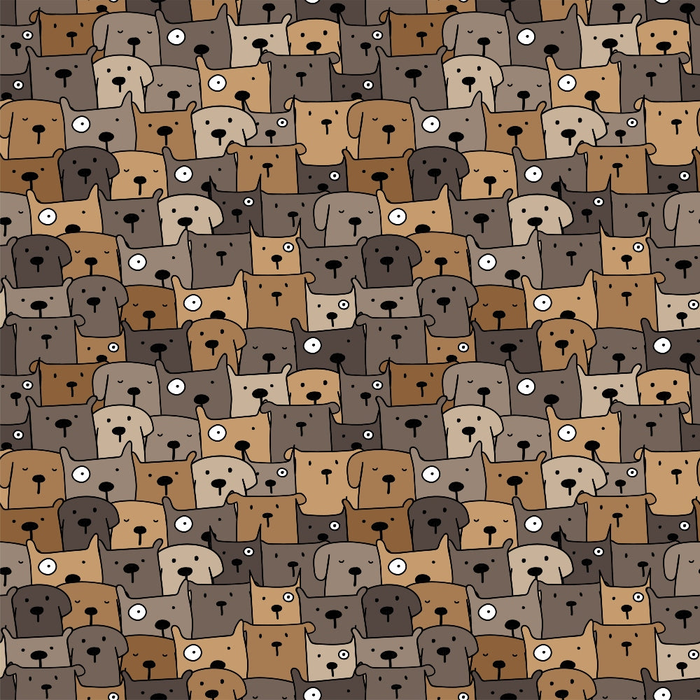 Pattern of illustrated dog faces in shades of brown, beige, and gray, arranged in a dense, seamless grid.