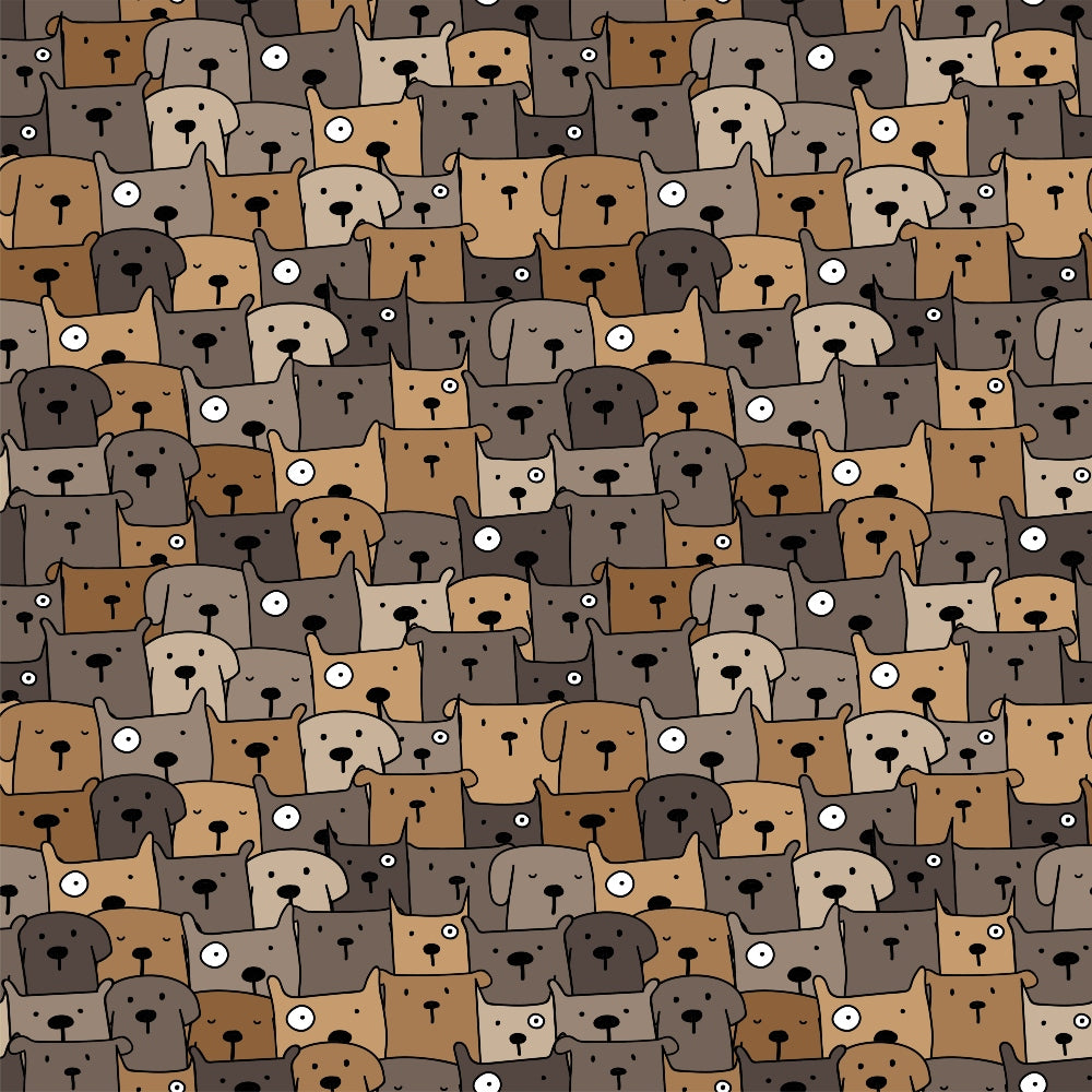 cute dogs, dog faces, brown tones, tan colors, beige shades, cartoon style, playful pattern, pet themed, animal motif, quilting cotton, fabric panel, whimsical design, repetitive pattern, dog lovers, crafting material, sewing fabric, geometric arrangement, earth tones, puppy faces, densely packed