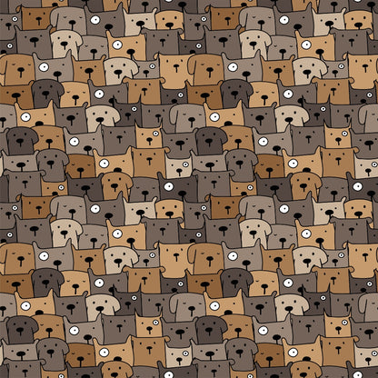 Pattern of illustrated dog faces in shades of brown, beige, and gray, arranged in a dense, seamless grid.