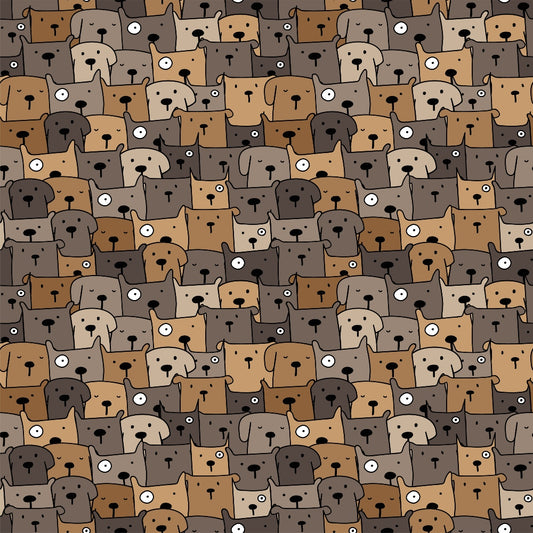 Pattern of illustrated dog faces in shades of brown, beige, and gray, arranged in a dense, seamless grid.