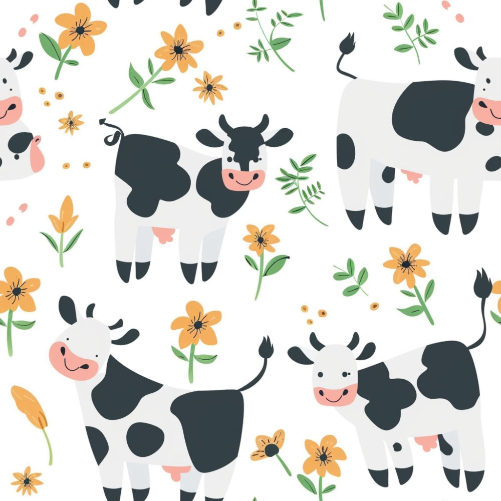 Cartoon cows with black spots surrounded by yellow flowers and green leaves on a white background.