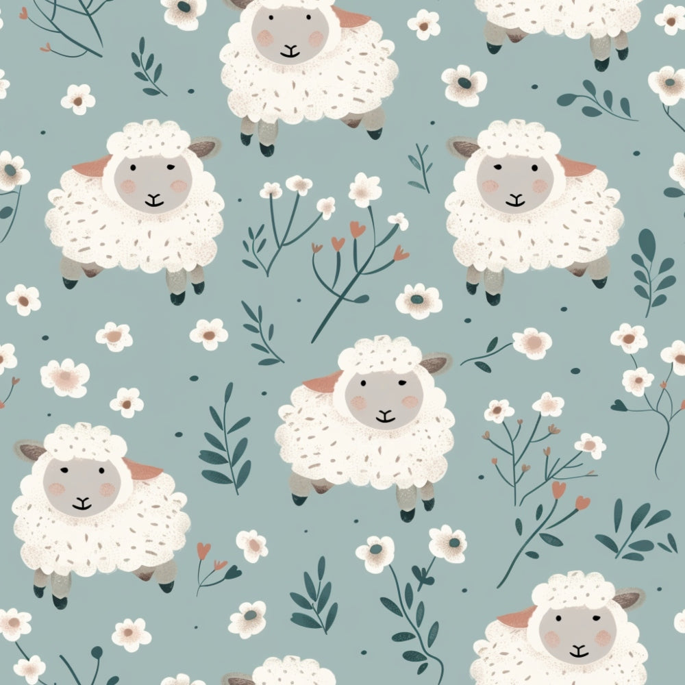sage green, cream white, coral pink, sheep pattern, farm animals, baby sheep, floral elements, botanical design, cute animals, repeating pattern, quilting cotton, fabric panel, nursery theme, pastoral scene, soft colors, whimsical style, children's fabric, meadow flowers, farm theme, gentle illustration