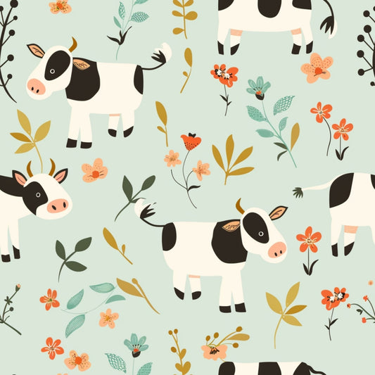 Pattern of cartoon cows and colorful flowers on a light green background.