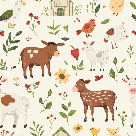 Illustrated farm animals, including cows, chickens, and ducks, among flowers and plants on a light background.