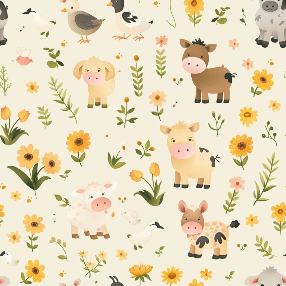 A pattern featuring cartoon farm animals and birds, such as pigs, ducks, goats, and cows, surrounded by flowers and plants on a light background.