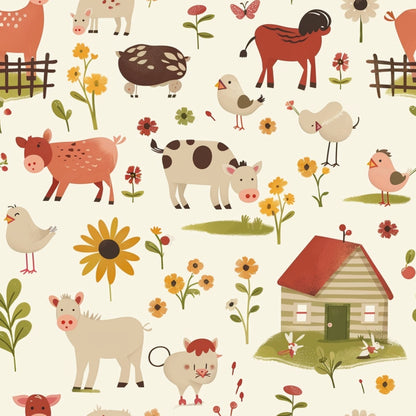 Pattern of farm animals, including cows, chickens, pigs, and sheep, with flowers and a small house.