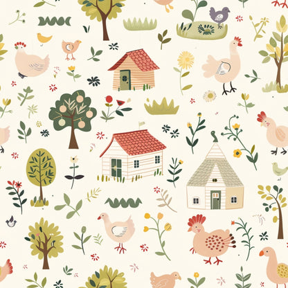 Chickens, trees, and small houses illustrated in a colorful, whimsical style, surrounded by flowers and plants on a light background.