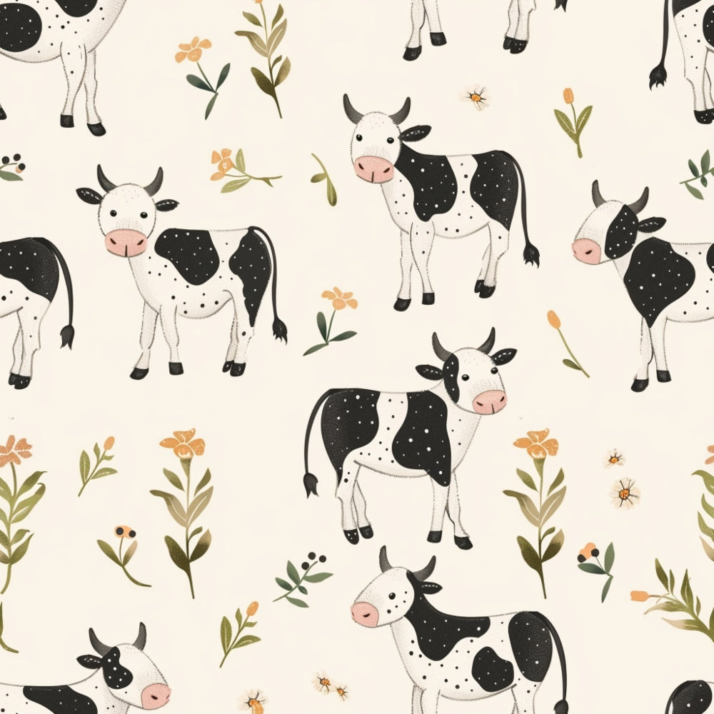 Illustrated pattern of black and white cows and various flowers on a beige background.