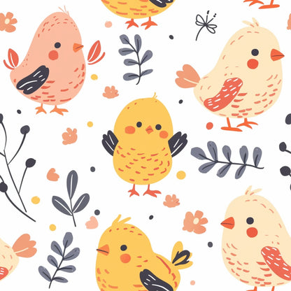 Illustrated pattern of cute, colorful birds and leaves on a white background.