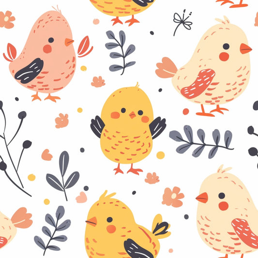 Illustrated pattern of cute, colorful birds and leaves on a white background.