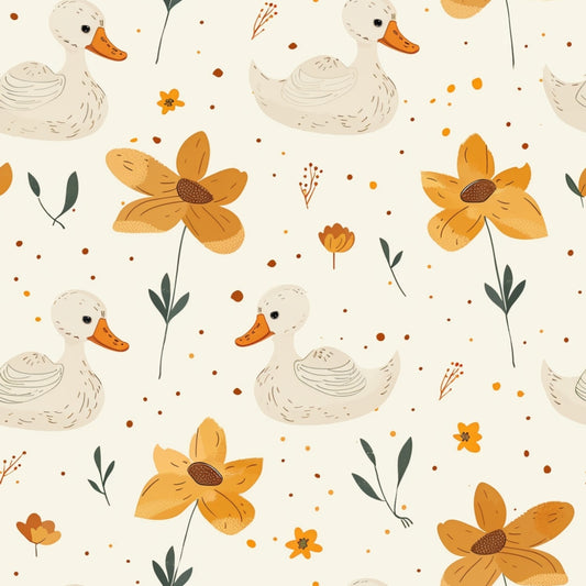 Pattern of ducks and orange flowers with green leaves on a light background.