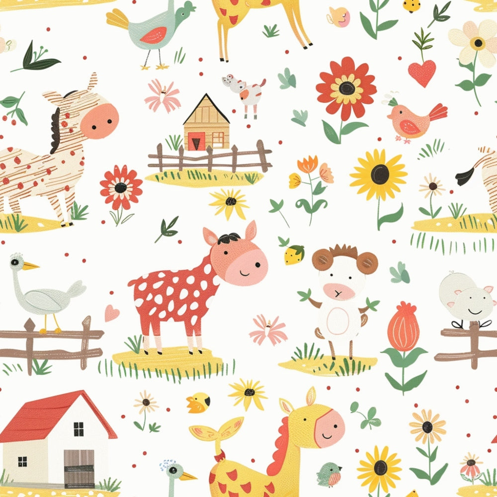 Colorful cartoon farm scene with various animals like a cow, horse, sheep, and giraffe, surrounded by flowers, small houses, and trees on a light background.