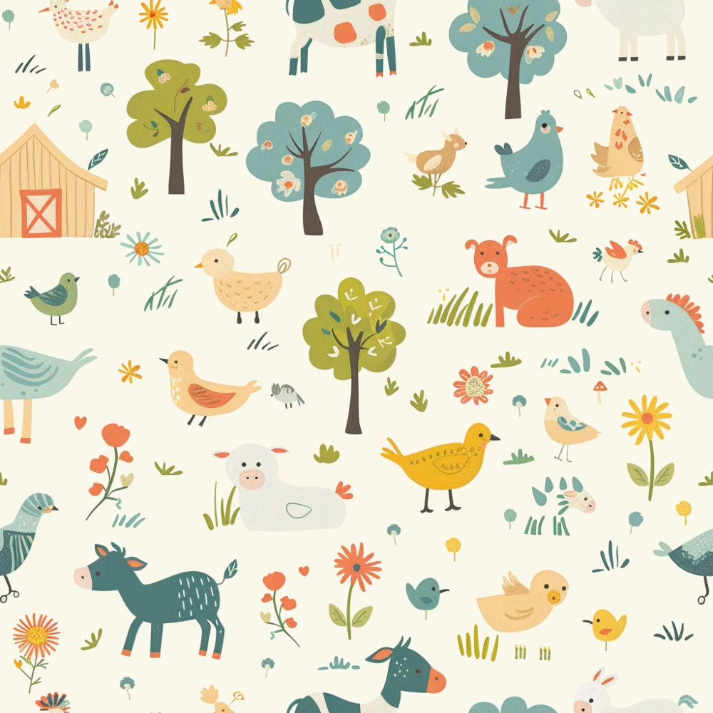 Colorful farm-themed pattern with animals, trees, and a barn scattered in a whimsical layout.