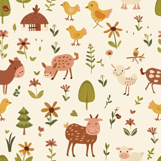 Pattern of cartoon farm animals and birds with trees, flowers, and a small hut on a cream background.