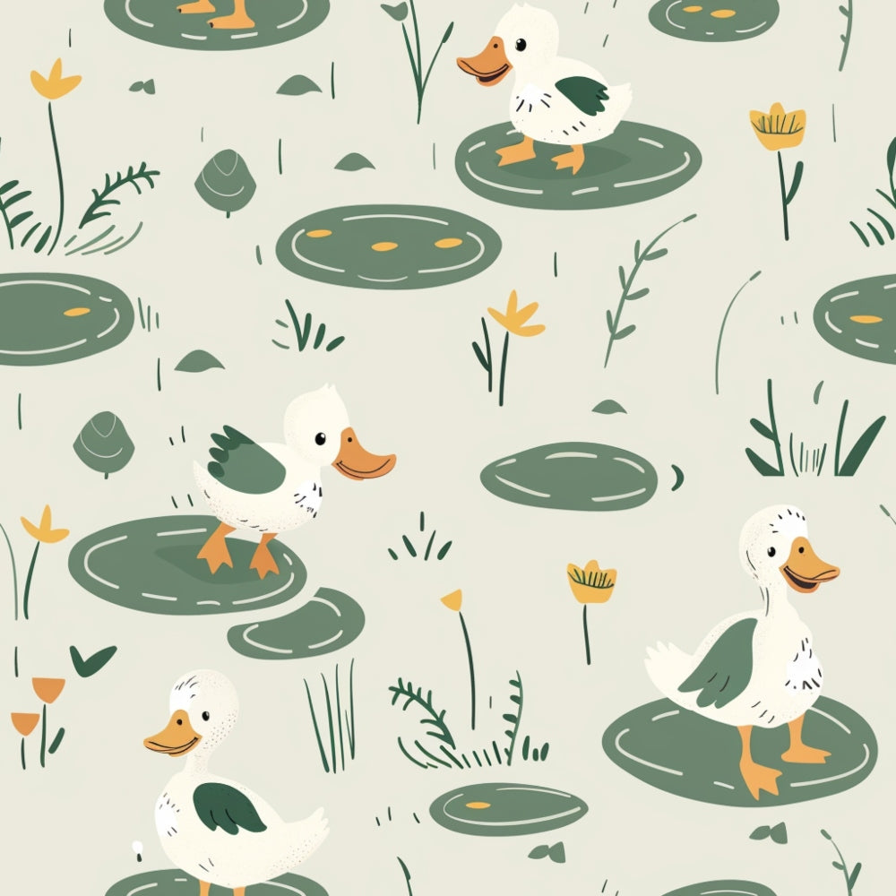 Pattern of cartoon ducks on lily pads with flowers and plants on a light background.