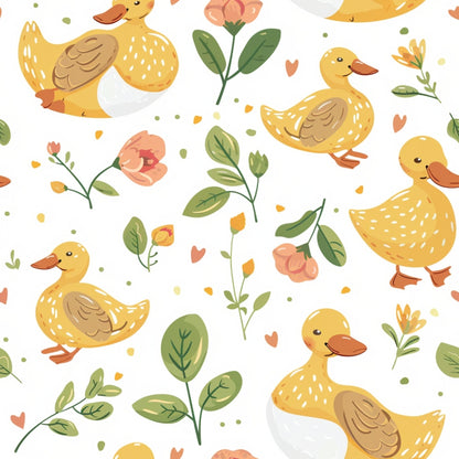 yellow ducks, duckling pattern, floral elements, pink flowers, green leaves, white background, farm animals, baby animals, cute illustration, whimsical design, quilting cotton, fabric panel, spring theme, nursery decor, soft pastels, orange beaks, scattered design, botanical motifs, children's fabric, kawaii style