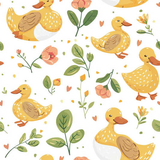 Pattern of cartoon ducks, flowers, and leaves on a white background.