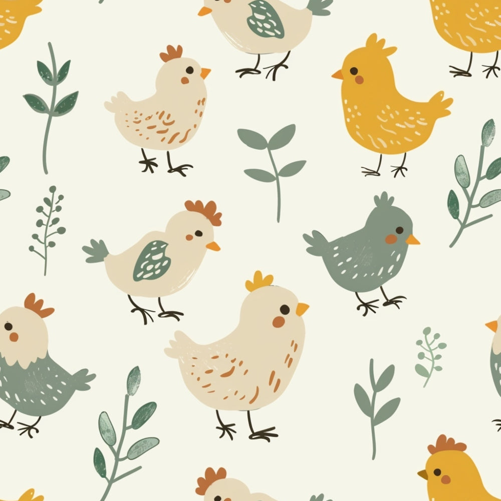 Pattern of cartoon chickens in green, yellow, and cream colors, surrounded by simple leaf designs on a light background.