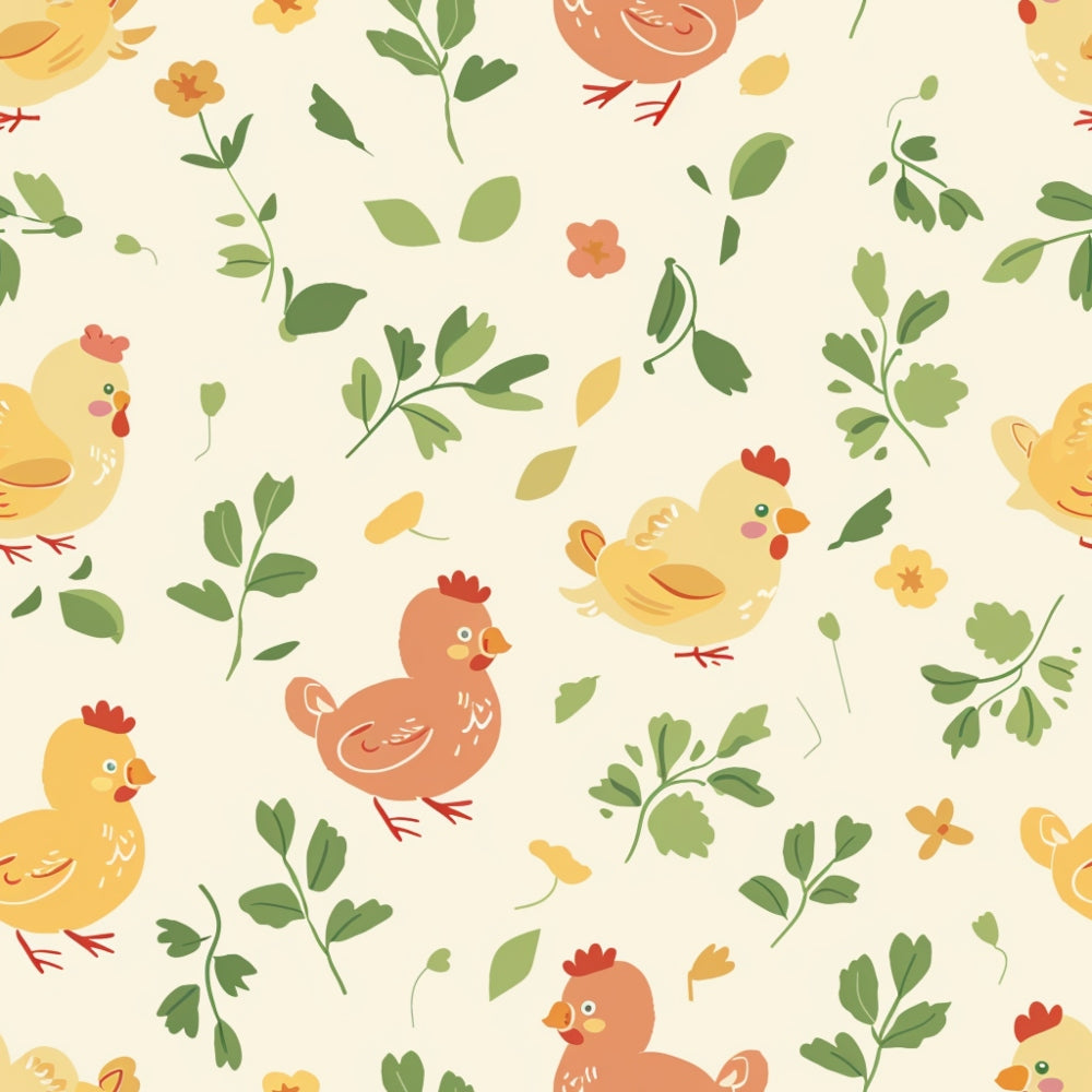 Seamless pattern with cartoon chickens and green leaves on a light background.