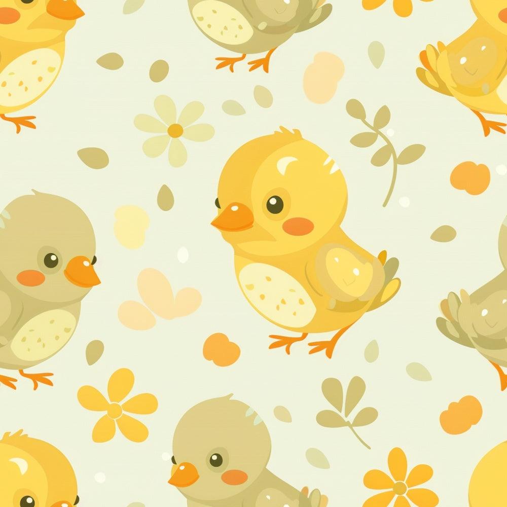 Pattern of cartoon yellow and gray chicks with flowers on a light background.