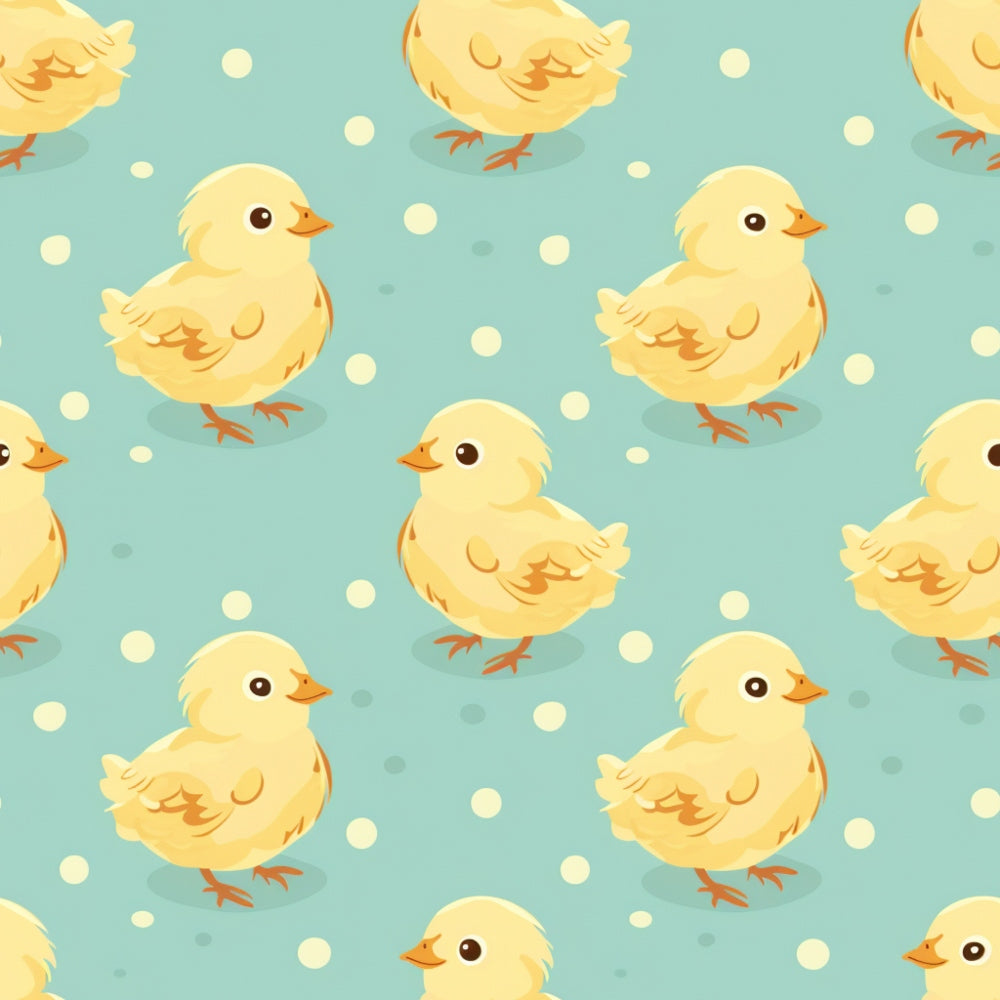 Illustration of yellow chicks and white polka dots on a teal background, arranged in a repeating pattern.