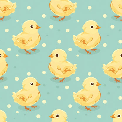 Illustration of yellow chicks and white polka dots on a teal background, arranged in a repeating pattern.