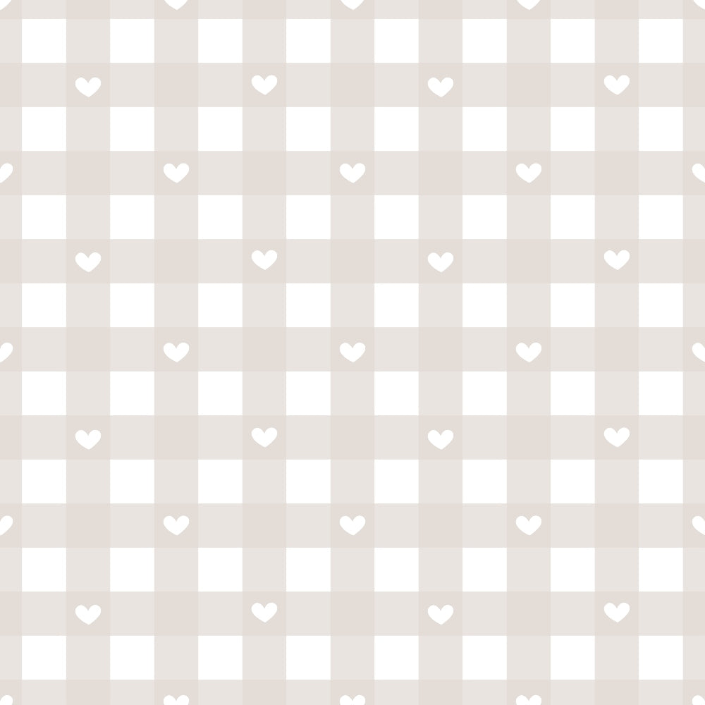 A beige and white checkered pattern with small white hearts evenly spaced throughout.