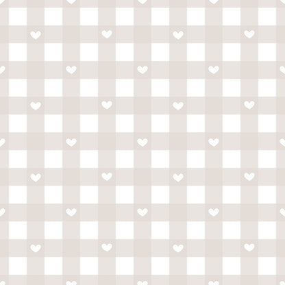 A beige and white checkered pattern with small white hearts evenly spaced throughout.