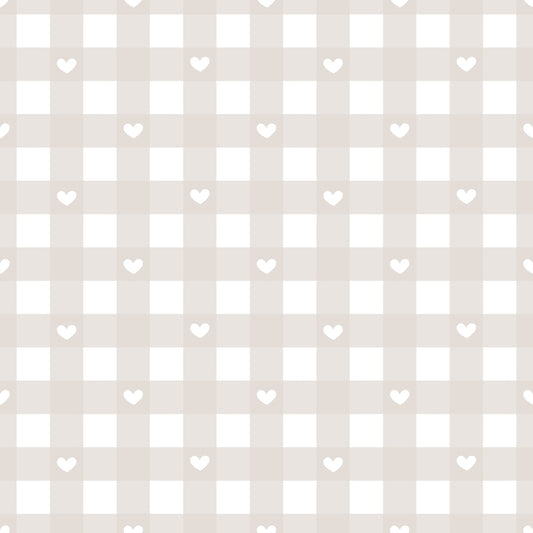 A beige and white checkered pattern with small white hearts evenly spaced throughout.