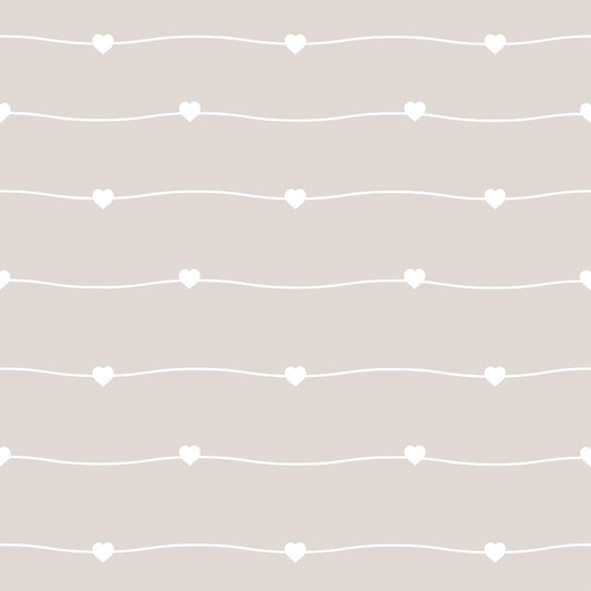 Pattern of white wavy lines with evenly spaced heart shapes on a light gray background.