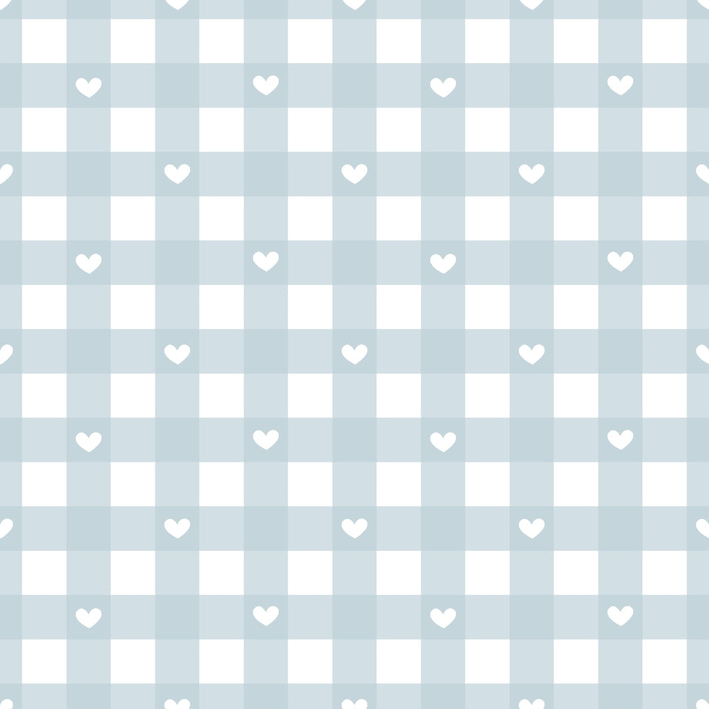 Light blue and white gingham pattern with small white heart shapes interspersed evenly across the design.