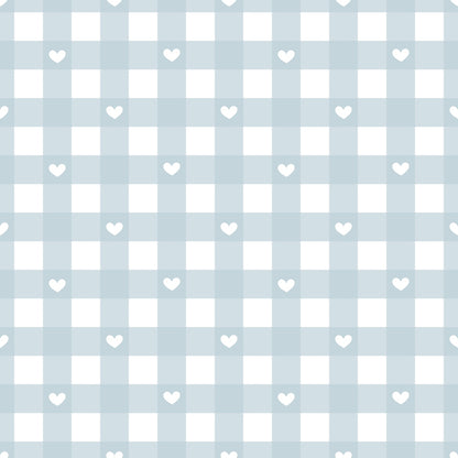 Light blue and white gingham pattern with small white heart shapes interspersed evenly across the design.