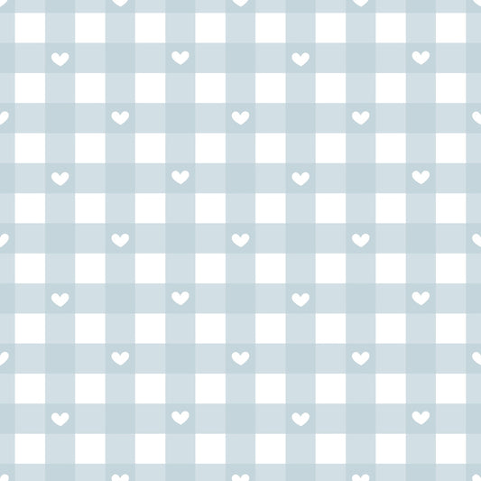 Light blue and white gingham pattern with small white heart shapes interspersed evenly across the design.