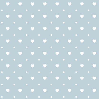 Light blue background with a pattern of small white hearts evenly spaced throughout the image.