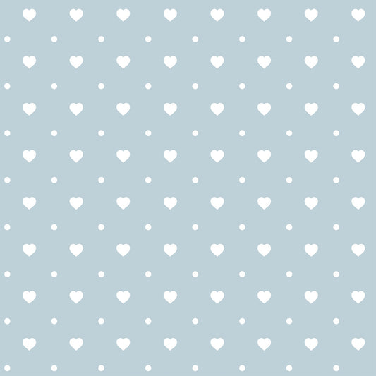 Light blue background with a pattern of small white hearts evenly spaced throughout the image.