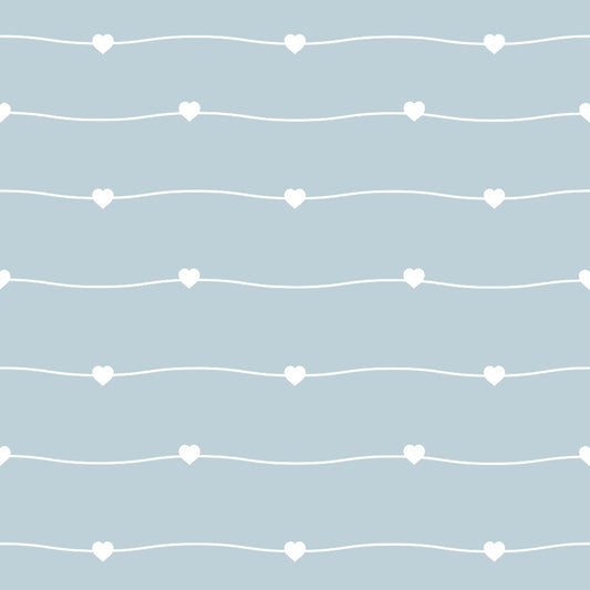 Pattern of white heart shapes evenly spaced on wavy lines over a light blue background.